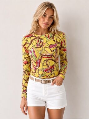 Icikuls Long Sleeve Top Yellow Horse Bit Equestrian Print Mesh Underarms Size S